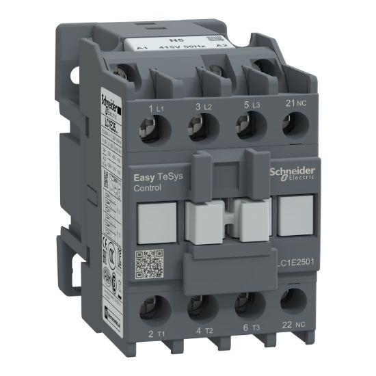 Picture of Contactor,Easy TeSys Control,LC1E,3P(3NO),AC-3,<=440V,25A,415V AC coil,50Hz,1NC auxiliary contact