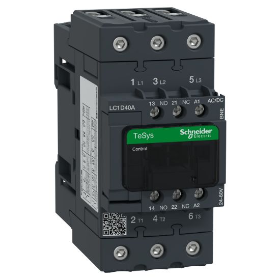 Picture of Contactor, TeSys D, TeSys Deca, 3P(3 NO), AC-3/AC-3e, 0 to 440V, 40A, 24 to 60VAC/DC coil, EverLink