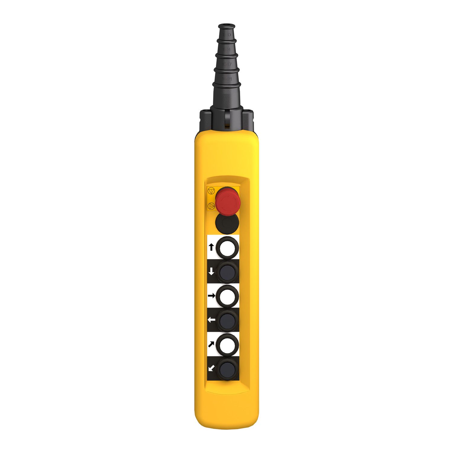 Picture of Pendant control station, Harmony XAC, plastic, yellow, 7 push buttons 2NO + 1NC, 1 emergency stop 40mm trigger blank 1NC, 2 speeds
