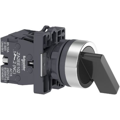 Picture of Complete selector switch Easy Harmony XA2, plastic, black, 22mm, long handle, 2 positions, stay put, 1NO + 1NC