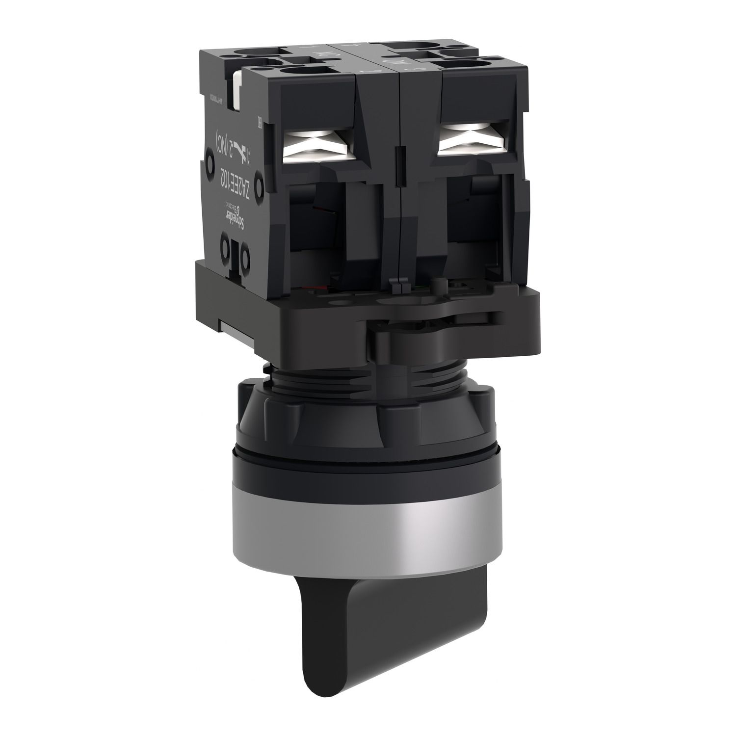 Picture of Complete selector switch Easy Harmony XA2, plastic, black, 22mm, long handle, 2 positions, stay put, 1NO + 1NC