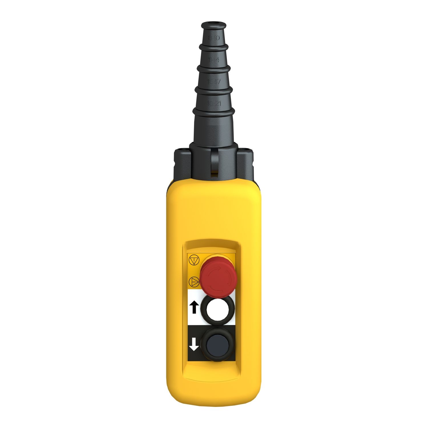 Picture of Pendant control station, Harmony XAC, plastic, yellow, 2 push buttons with 1NO, 1 emergency stop NC