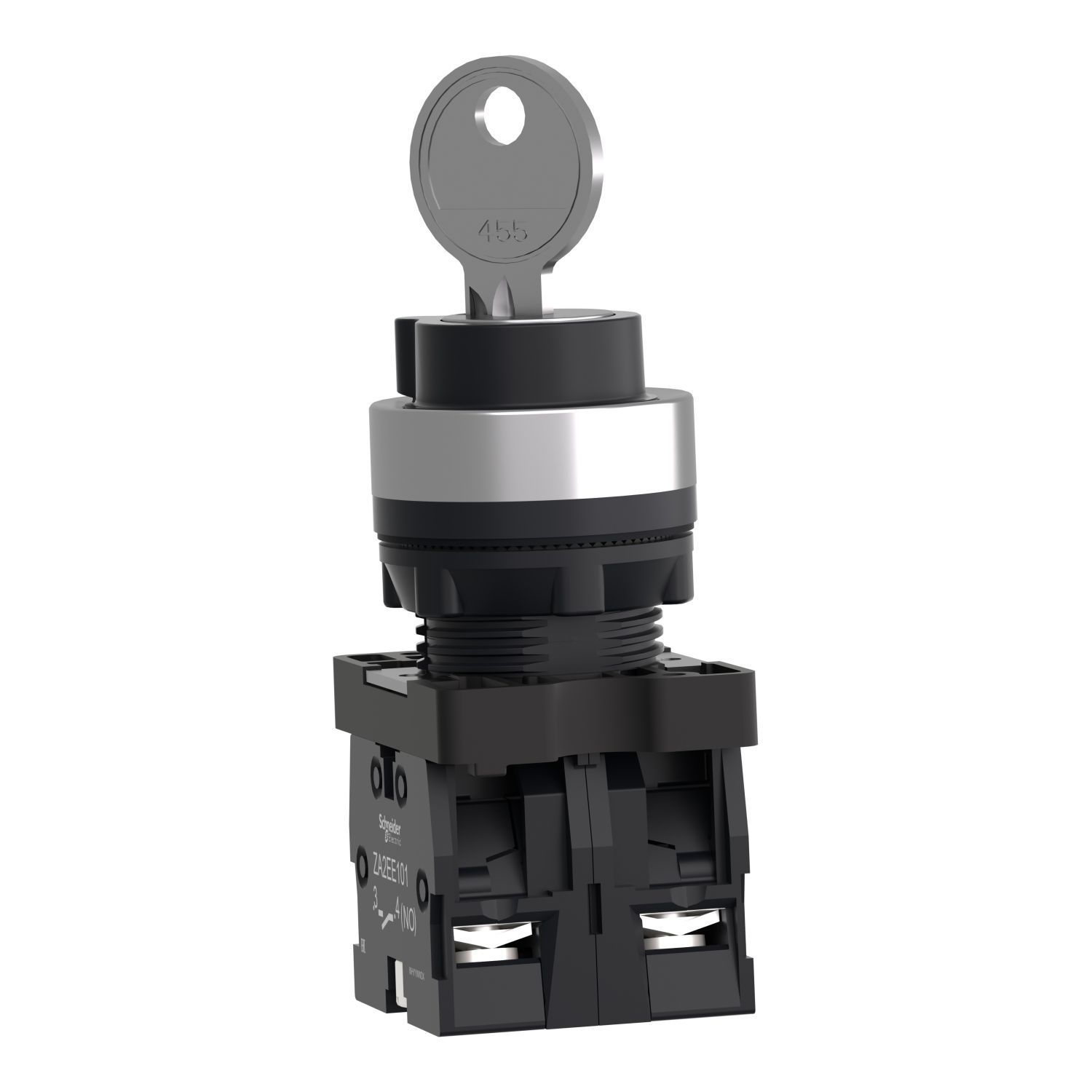Picture of Complete selector switch, Easy Harmony XA2, plastic, black, 22mm, key 455, 2 positions, stay put, 2NO