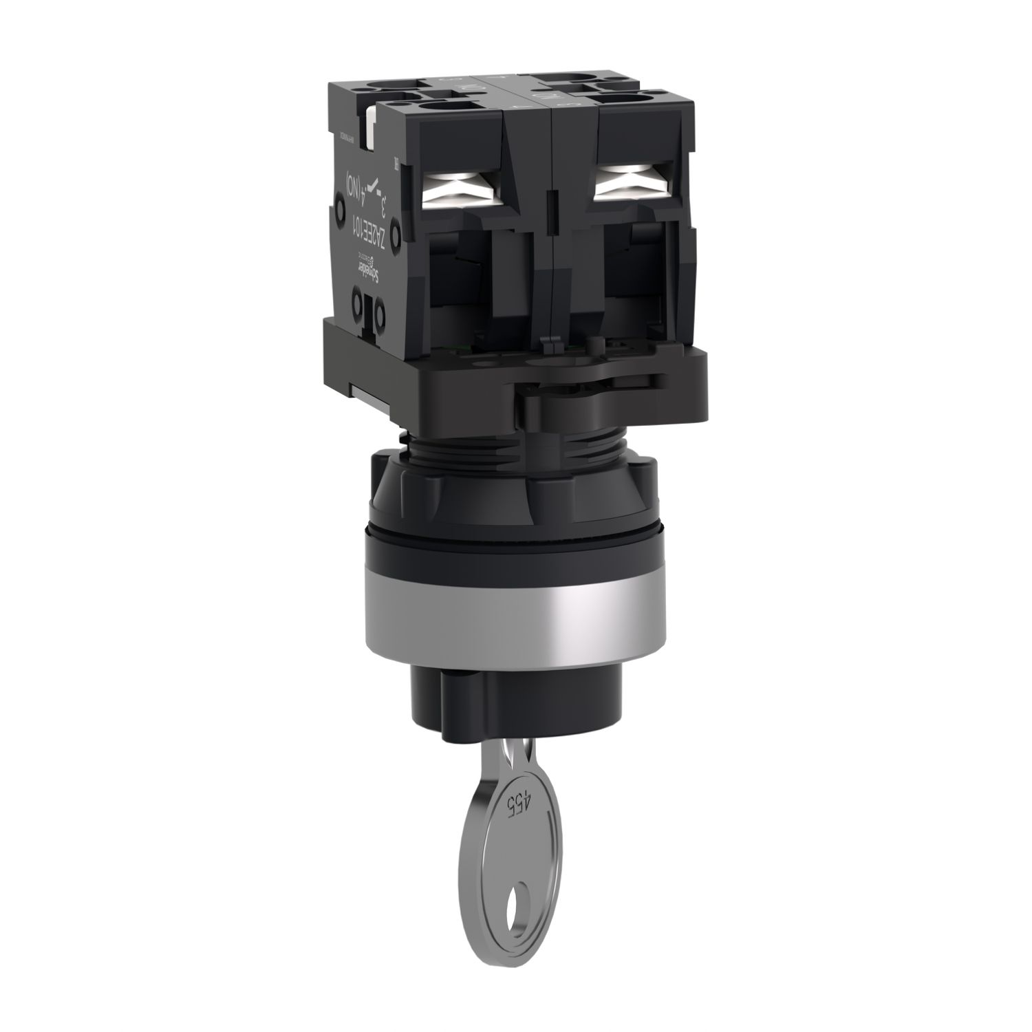 Picture of Complete selector switch, Easy Harmony XA2, plastic, black, 22mm, key 455, 2 positions, stay put, 2NO