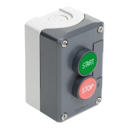 Picture of Control station, Harmony XALD XALK, plastic, dark grey lid, 2 flush push buttons 22mm, marked START STOP, 1NO+1NC
