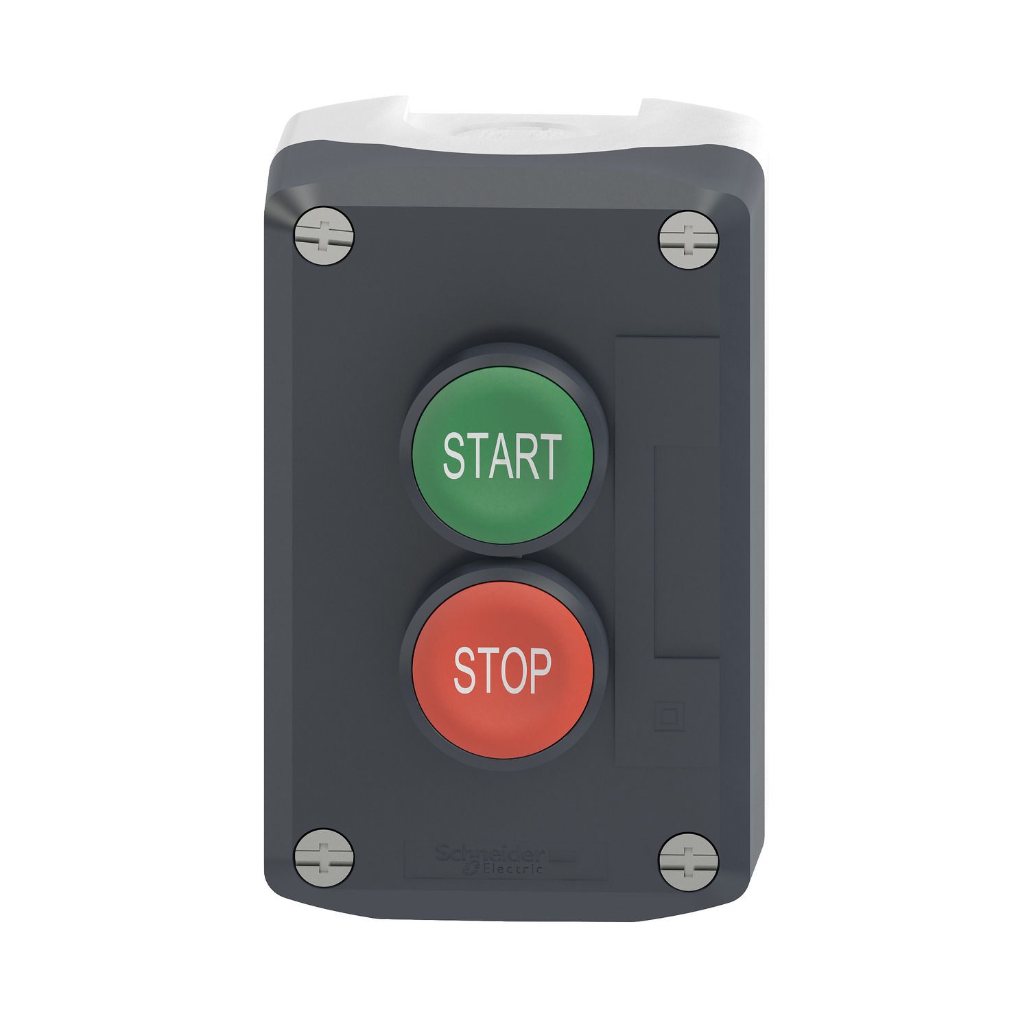 Picture of Control station, Harmony XALD XALK, plastic, dark grey lid, 2 flush push buttons 22mm, marked START STOP, 1NO+1NC