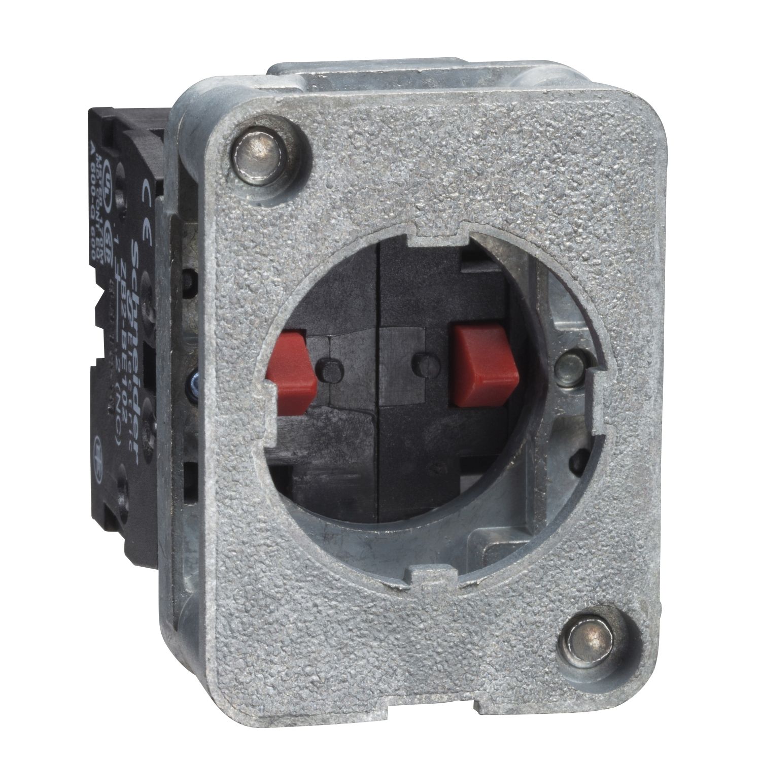 Picture of Contact block, Harmony XAC, single contact, spring return, front mounting, 40mm horizontal/30mmVertical fixing centres, 2NO