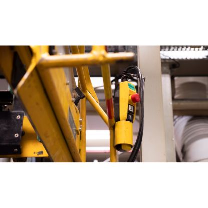 Picture of Pendant control station, Harmony XAC, plastic, yellow, 4 push buttons with 1NO, 1 emergency stop NC