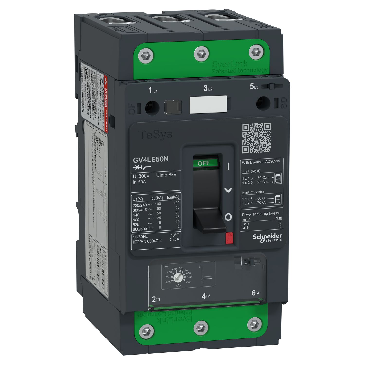 Picture of Motor circuit breaker, TeSys GV4, TeSys GV4, 3P, 50A, Icu 50kA, magnetic, EverLink terminals