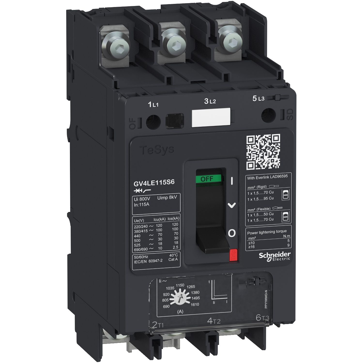 Picture of Motor circuit breaker, TeSys GV4, TeSys GV4, 3P, 12.5A, Icu 50kA, magnetic, lugs terminals