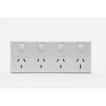 Picture of Switched Socket Outlet; 10A (x3), 15A (x1), 4-Gang, Horizontal Mount, White