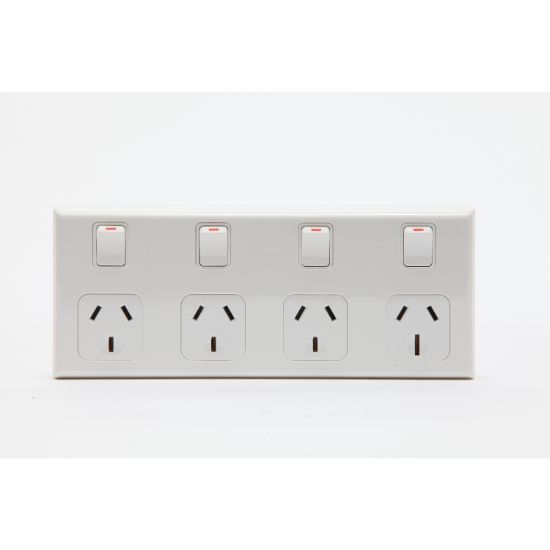 Picture of Switched Socket Outlet; 10A (x3), 15A (x1), 4-Gang, Horizontal Mount, White