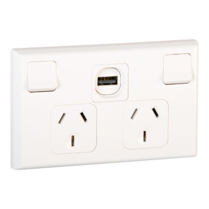 Picture of Double Horizontal Socket, Clipsal - 600 Series, with USB Charger, 10A