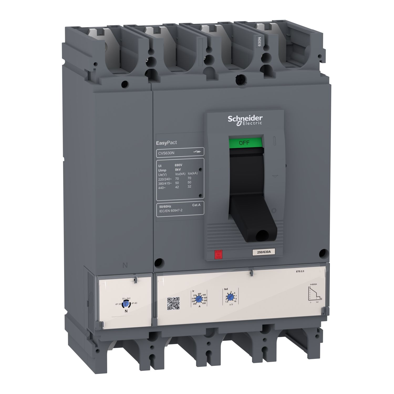 Picture of circuit breaker, EasyPact CVS400N, 50kA at 415VAC, 400A, ETS 2.3 electronic trip unit, 4P4d