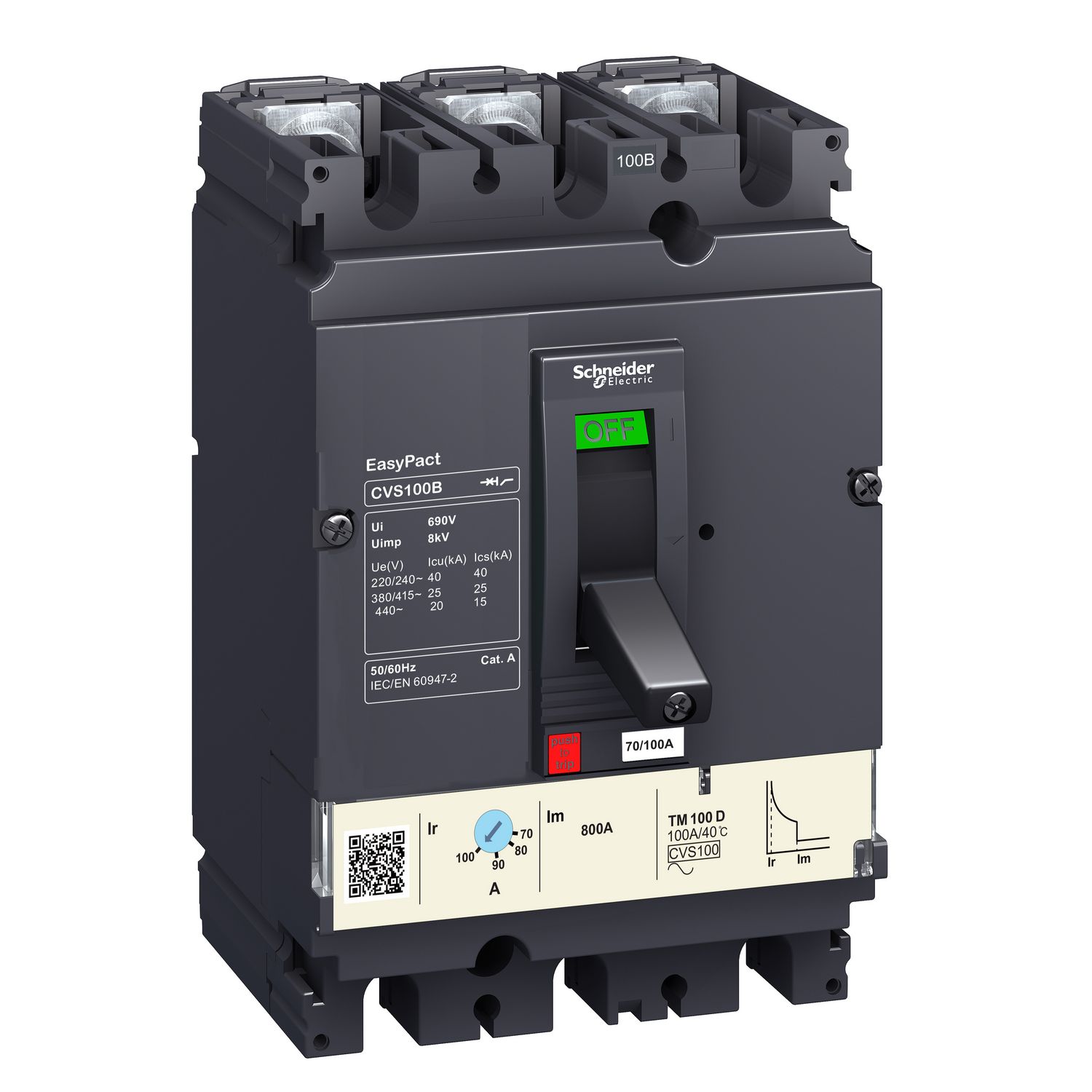 Picture of circuit breaker, EasyPact CVS100F, 36kA at 415VAC, 63A, TM-D trip unit, 3P3d