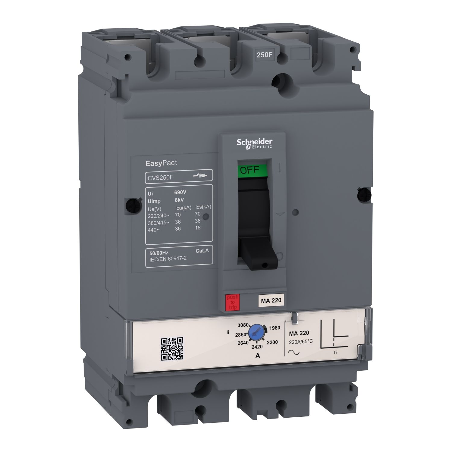 Picture of circuit breaker, EasyPact CVS100F, 36kA at 415VAC, 50A, MA trip unit, 3P3d