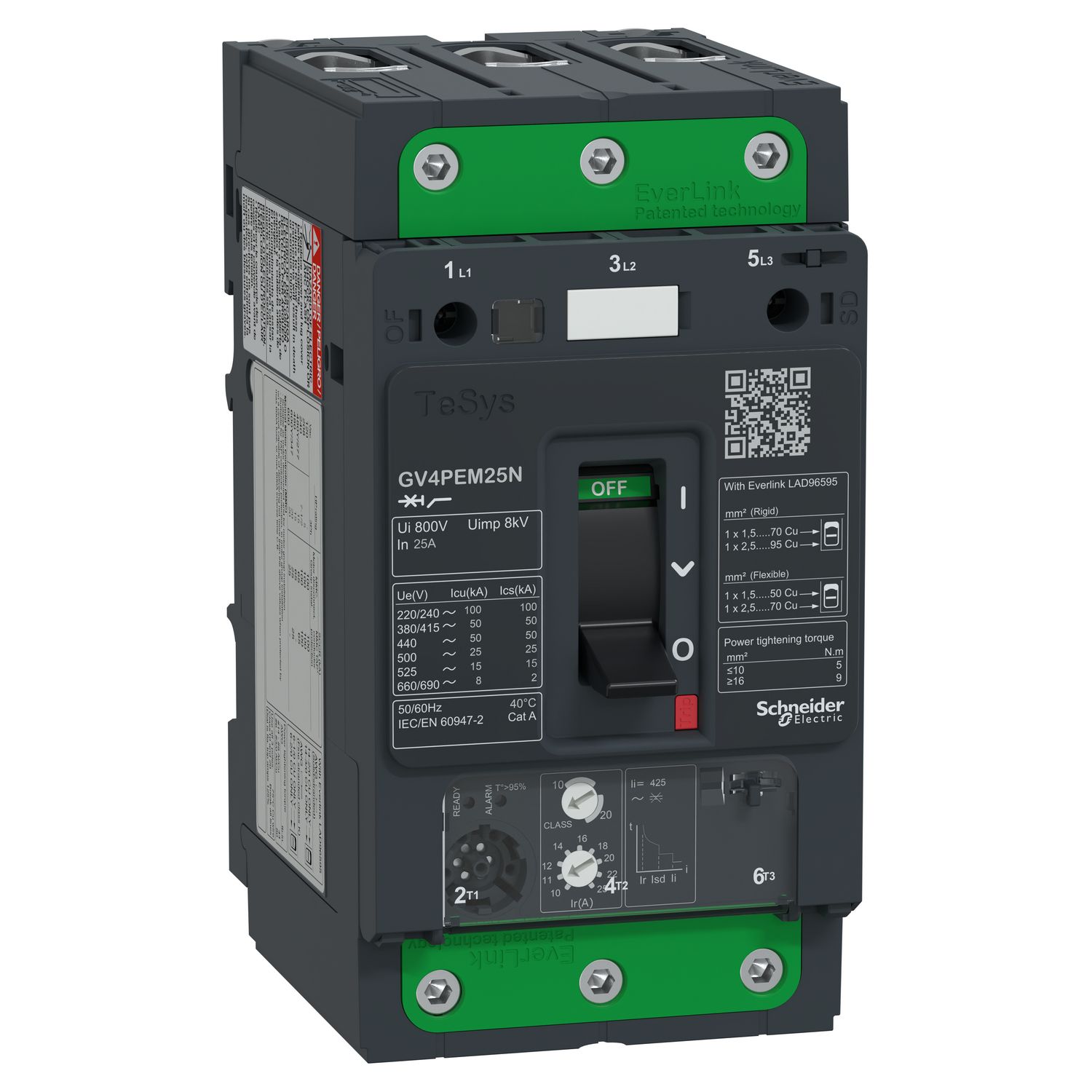 Picture of Motor circuit breaker, TeSys GV4, TeSys GV4, 3P, 25A, Icu 50kA, thermal magnetic multifunction, Everlink terminals