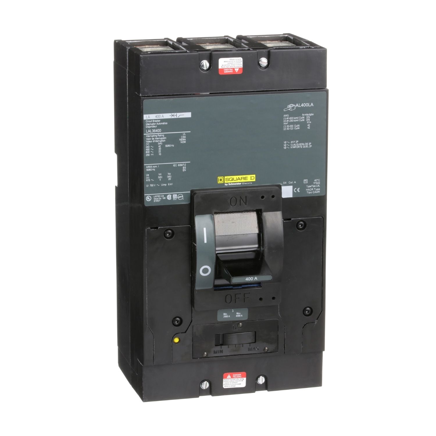 Picture of Circuit breaker, LA, 400A, 3 pole, 600VAC, 22kA, 250VDC, 10kA, lugs, thermal magnetic