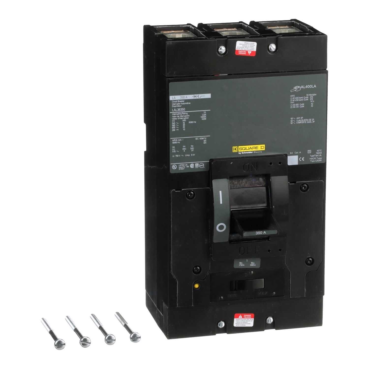 Picture of Circuit breaker, LA, 350A, 3 pole, 600VAC, 22kA, 250VDC, 10kA, lugs, thermal magnetic