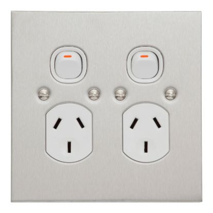 Picture of Twin Switch Socket Outlet, Metal Plate Series, 250V, 10A, B Style, Flat Plate, Vertical