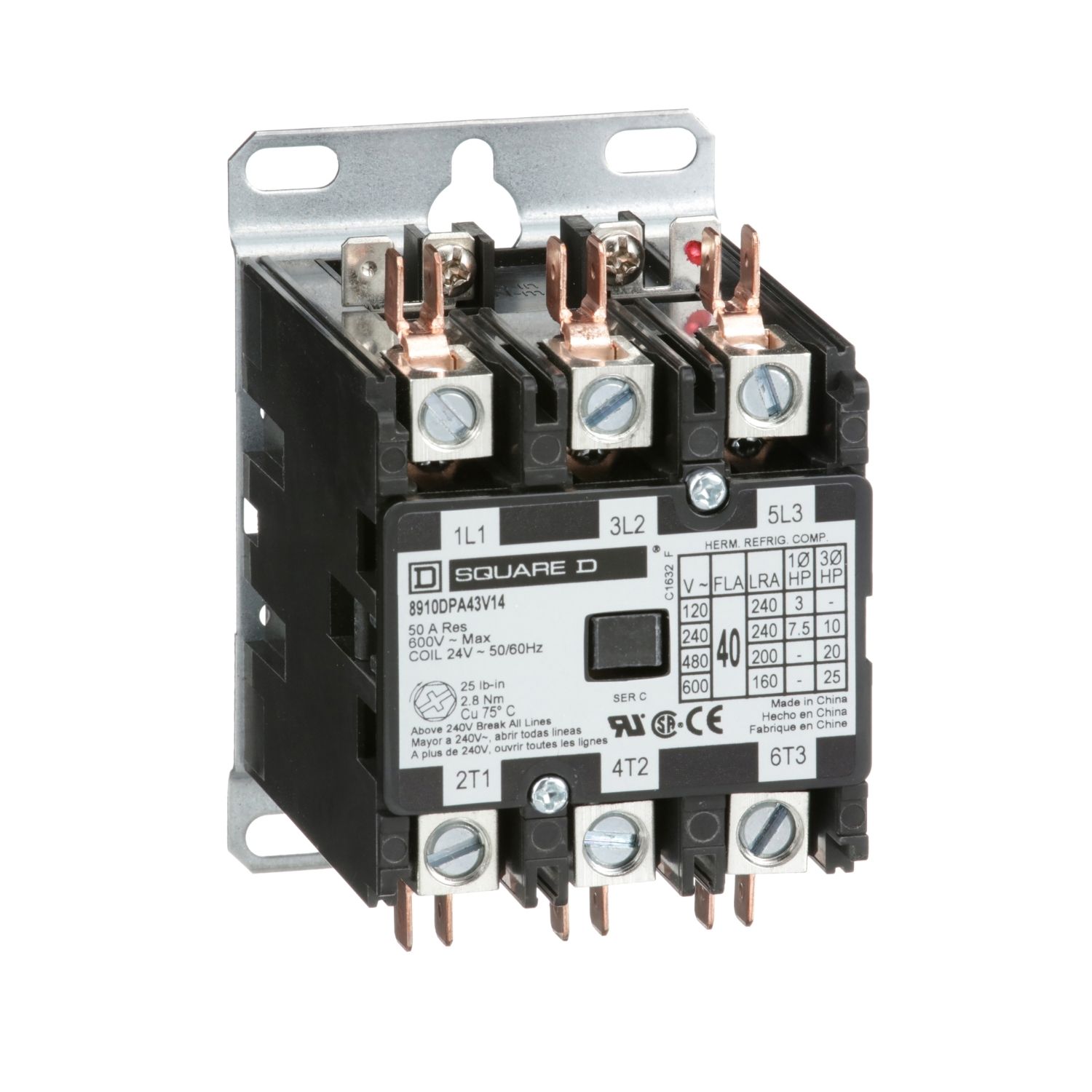 Picture of Contactor, Definite Purpose, 40A, 3 pole, 25HP at 575VAC, 3 phase, 24/24VAC 50/60Hz coil, open