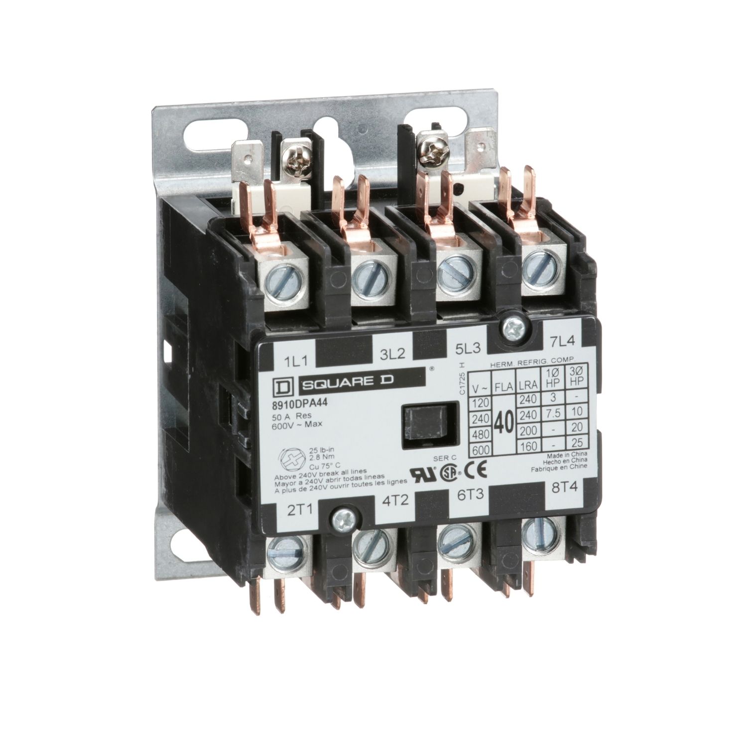 Picture of Contactor, Definite Purpose, 40A, 4 pole, 25HP at 575VAC, 3 phase, 208/240VAC 60Hz 220VAC 50Hz coil, open