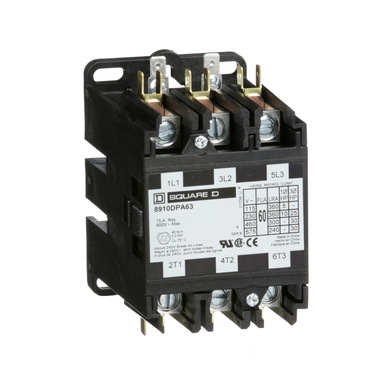 Picture of Contactor, Definite Purpose, 60A, 3 pole, 30HP at 575VAC, 3 phase, 208/240VAC 60Hz 220VAC 50Hz coil, open