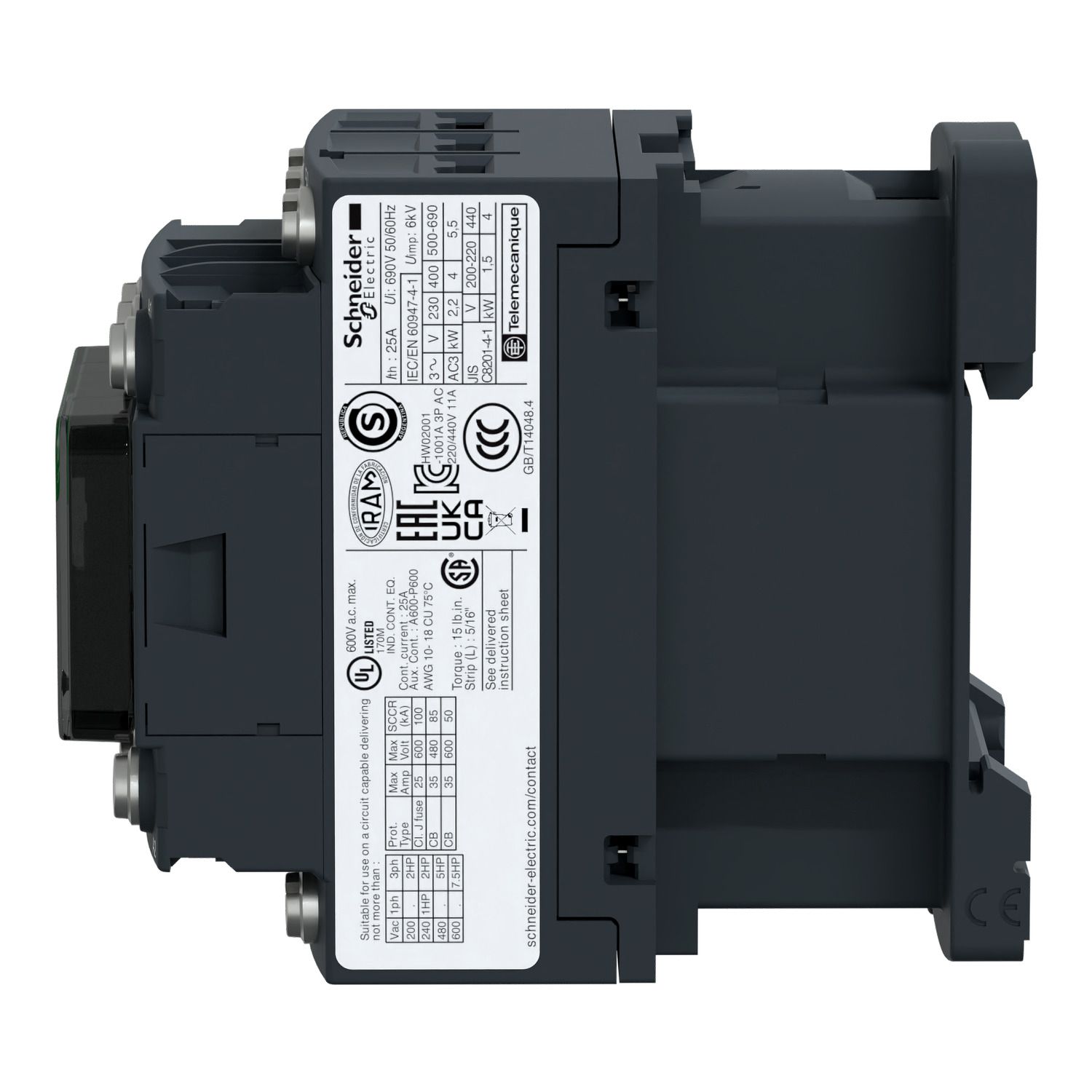 Picture of Contactor, TeSys Deca, 3P(3NO), AC-3/AC-3e, <=440V, 9A, 220V AC 50/60Hz coil, lugs-ring terminals