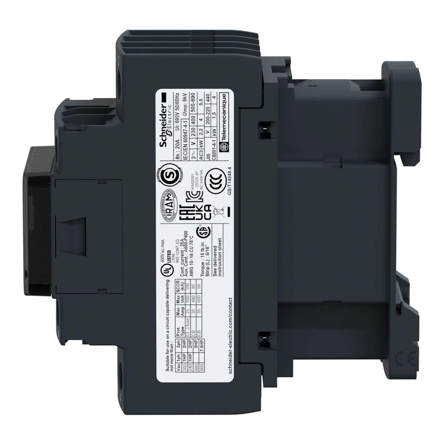 Picture of Contactor, TeSys Deca, 4P(2NO+2NC), AC-1, <=440V, 20A, 24VAC 50/60Hz coil, screw clamp terminal