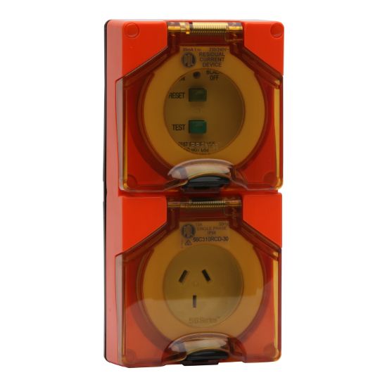 Picture of RCD Protected Socket, 20A, 240V, 3-Flat Pin, 1-Gang, Resistant Orange