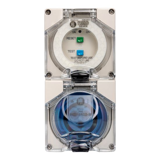 Picture of RCD Protected IEC Socket, 16A, 240V, 3-Round Pin, 2-Gang, Grey