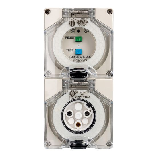 Picture of RCD Protected Socket, 20A, 240V, 3-Round Pin, 2-Gang, Grey