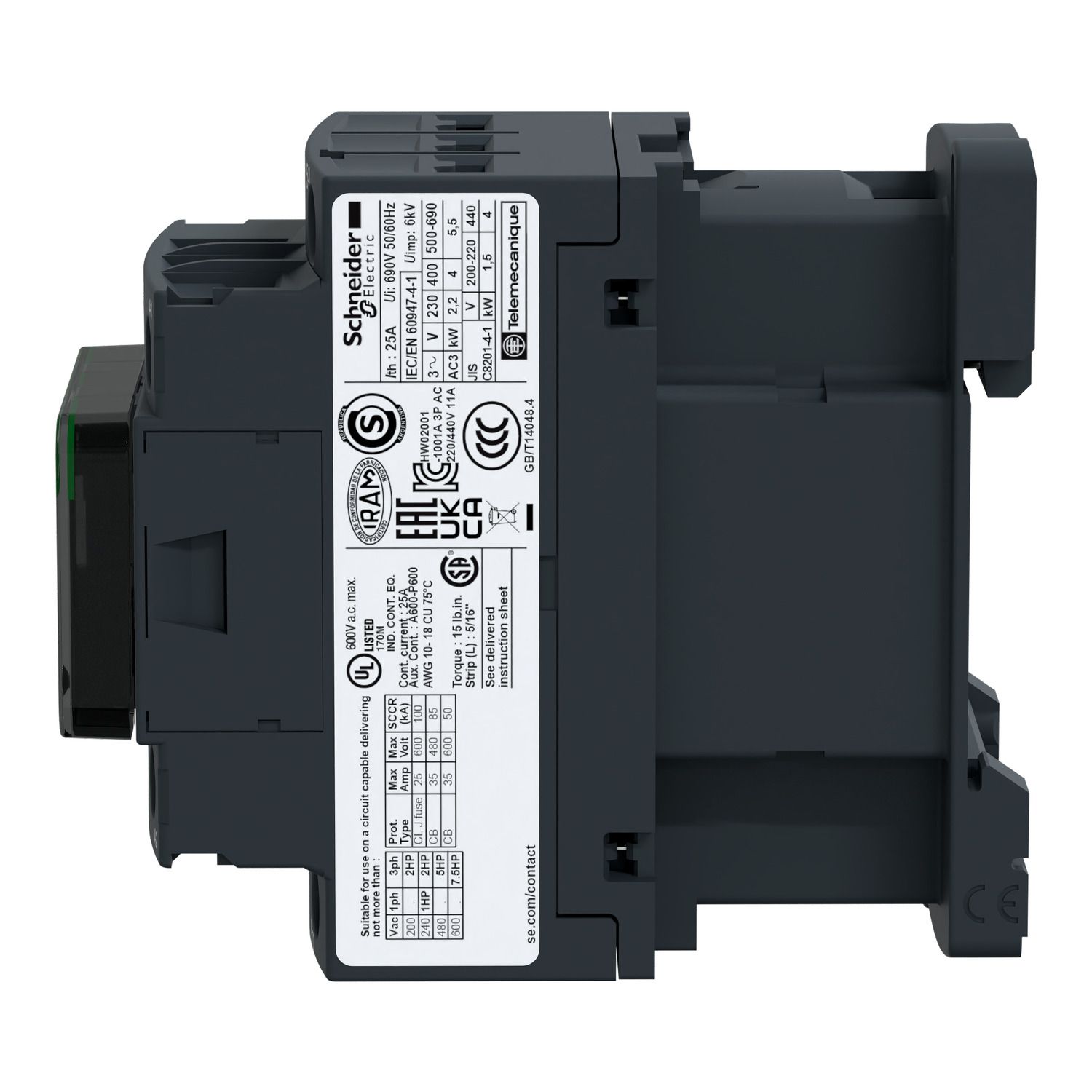 Picture of Contactor, TeSys D, TeSys Deca, 3P(3 NO), AC-3/AC-3e, 0 to 440V, 12A, 24-60VAC/DC coil