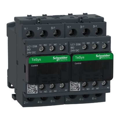 Picture of Reversing Contactor, TeSys Deca, 3P(3NO),AC-3, <=440V 38A,24V DC coil, screw clamp terminals