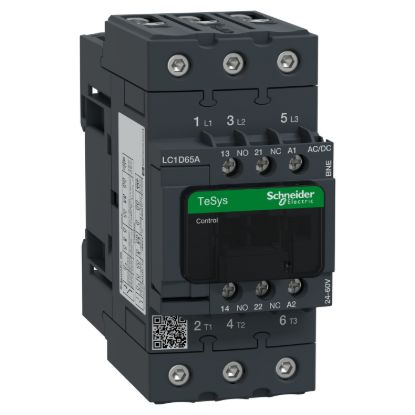 Picture of Contactor, TeSys D, TeSys Deca, 3P(3 NO), AC-3/AC-3e, 0 to 440V, 65A, 24 to 60VAC/DC coil, EverLink