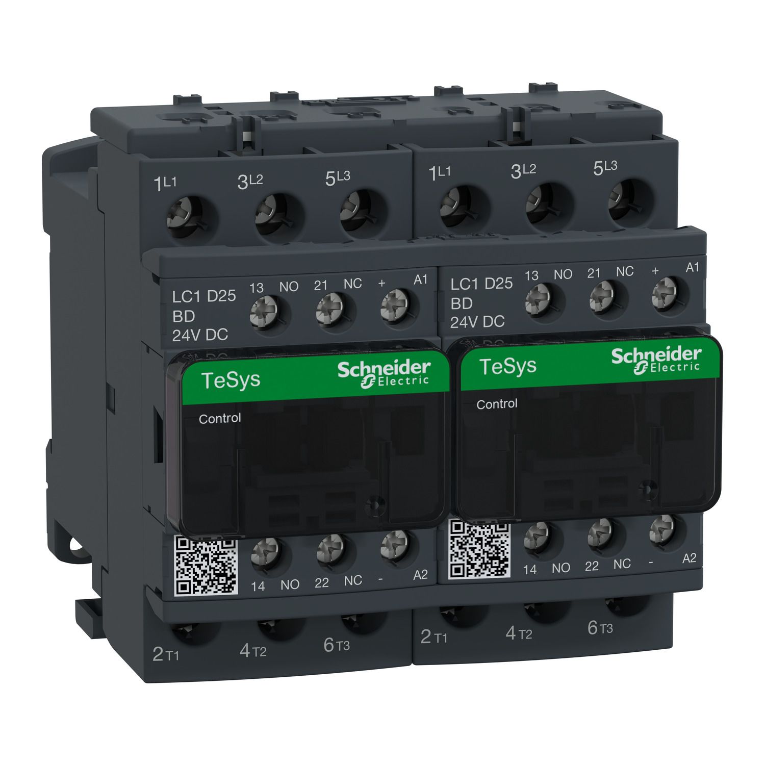 Picture of Reversing Contactor, TeSys Deca, 3P(3NO),AC-3, <=440V 25A,24V DC coil, screw clamp terminals