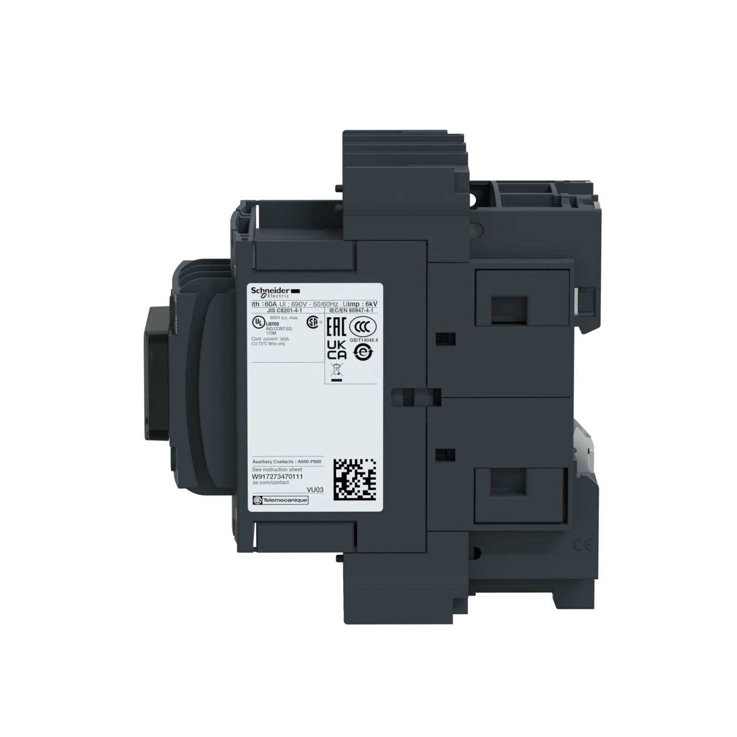 Picture of Contactor, TeSys Deca, 4P(4 NO), AC-1, <=440V, 60A, 220VDC standard coil, lugs-ring terminals