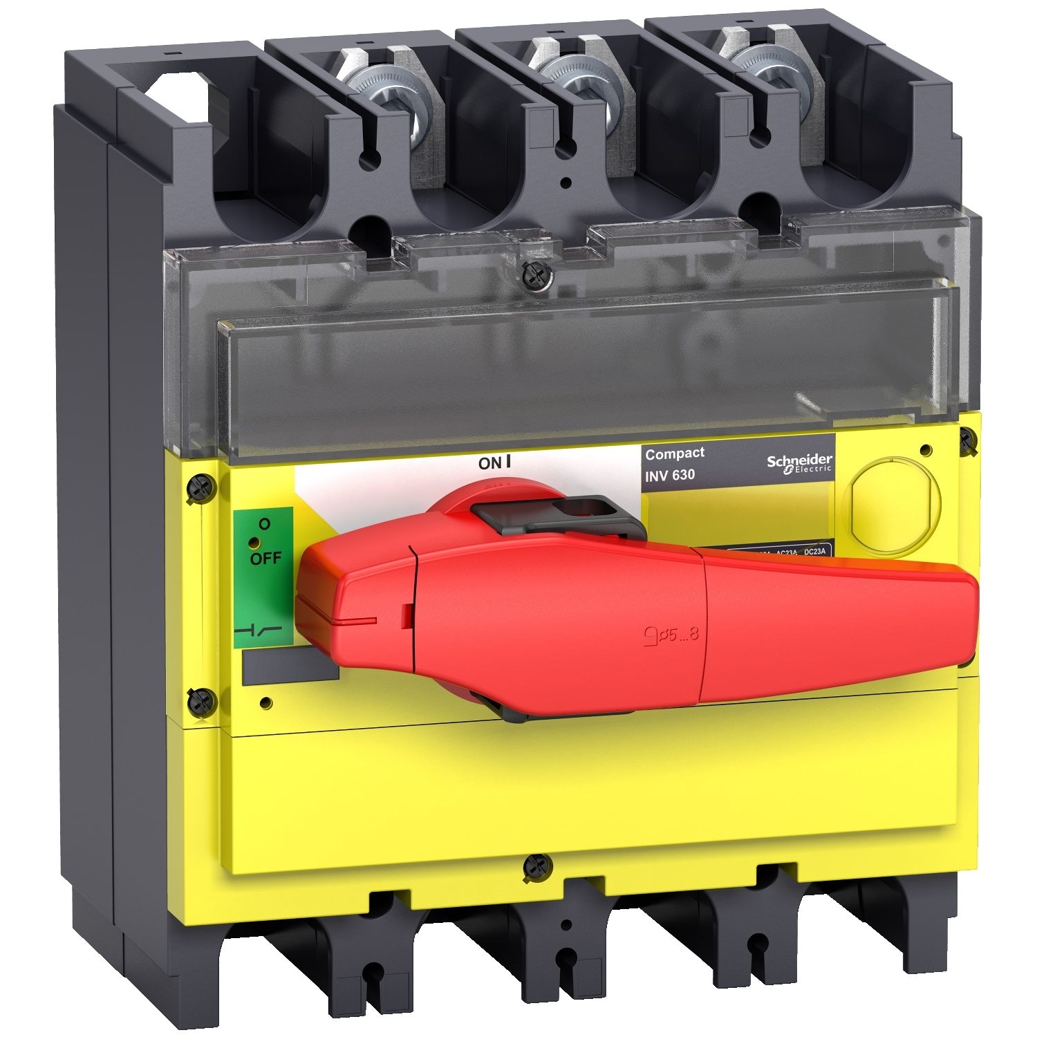 Picture of switch disconnector, Compact INV400, visible break, 400 A, with red rotary handle and yellow front, 3 poles