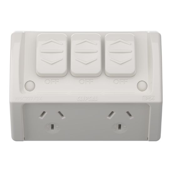 Picture of Twin Socket with Extra Switch, Weathershield, 10A, 250VAC, IP54
