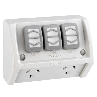 Picture of Switched Socket, Weathershield, Twin, Flush Mounting, 10A, 250V, with Extra Switch