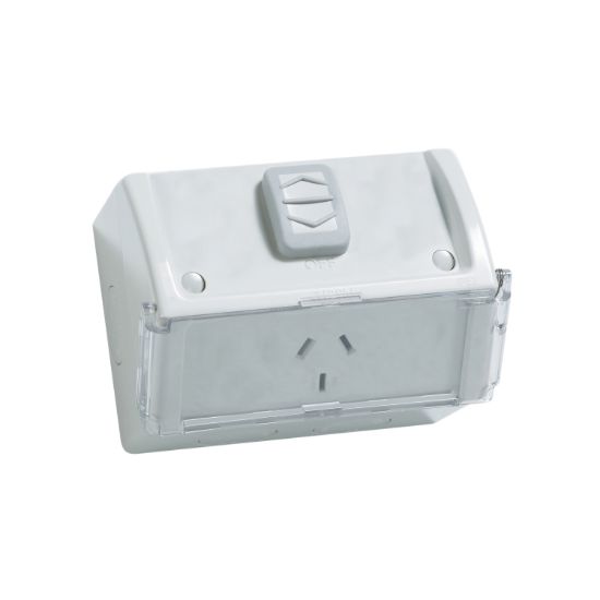 Picture of Twin Switch Socket Outlet, Weathershield, 250V, 10A, Weather Proof, Flap, Flush Mount, Single