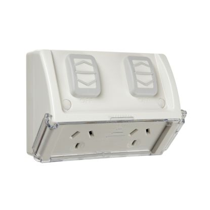 Picture of Twin Switch Socket Outlet, Weathershield, 250V, 10A, Weather Proof, Flap, Flush Mount, Double
