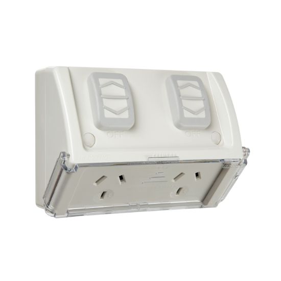 Picture of Twin Switch Socket Outlet, Weathershield, 250V, 10A, Weather Proof, Flap, Flush Mount, Double