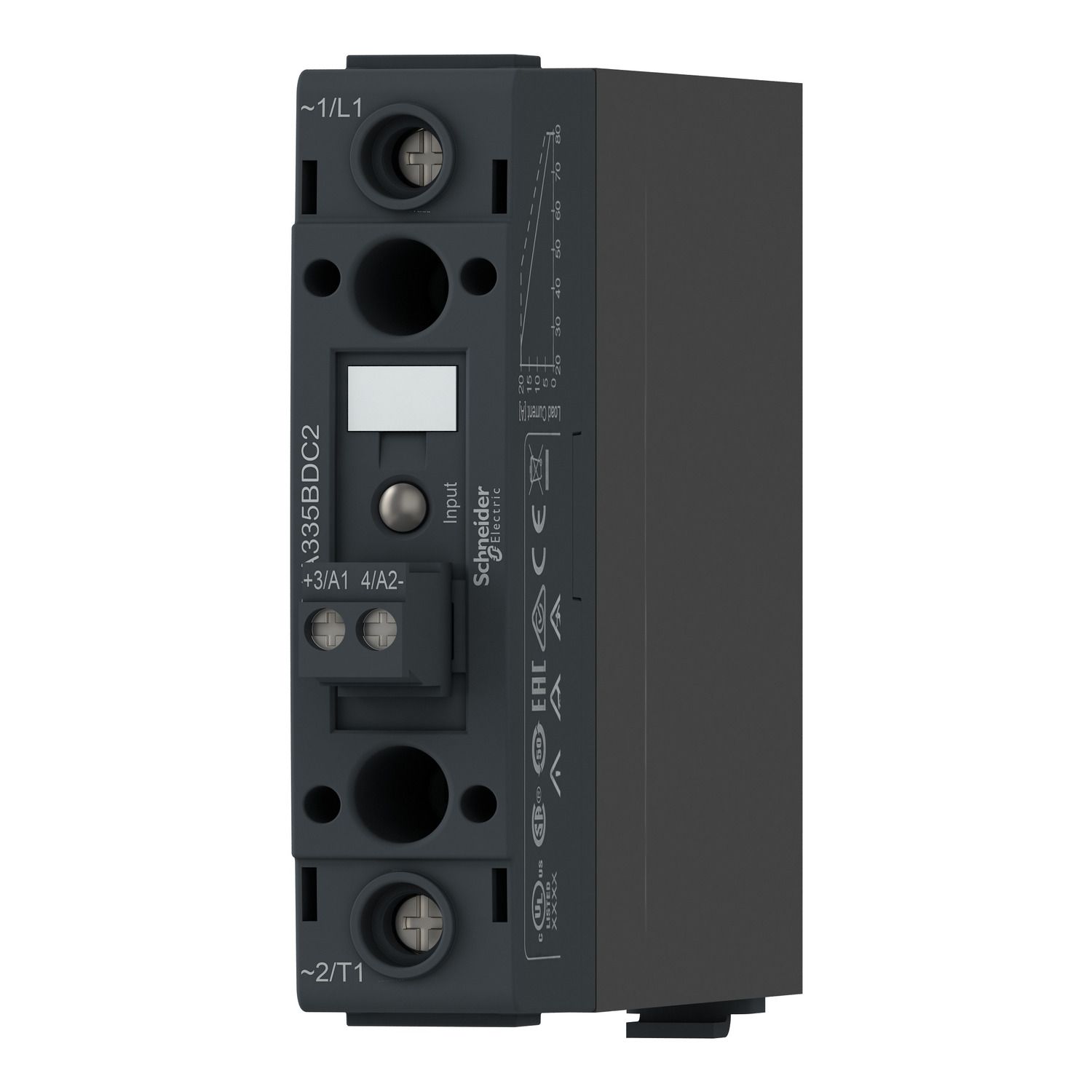 Picture of DIN rail mount relay,  Harmony Solid State Relays, 20A, zeroVoltage switching, contactor configuration, input 4...32V DC, output 48...600V AC