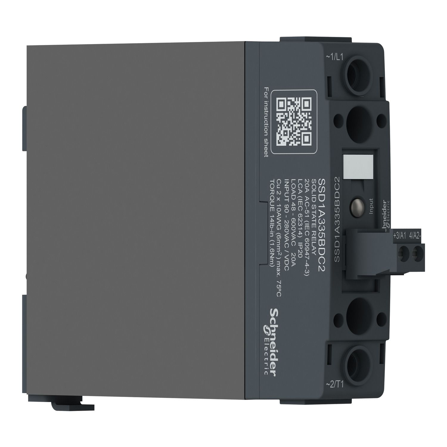 Picture of DIN rail mount relay,  Harmony Solid State Relays, 20A, zeroVoltage switching, contactor configuration, input 4...32V DC, output 48...600V AC
