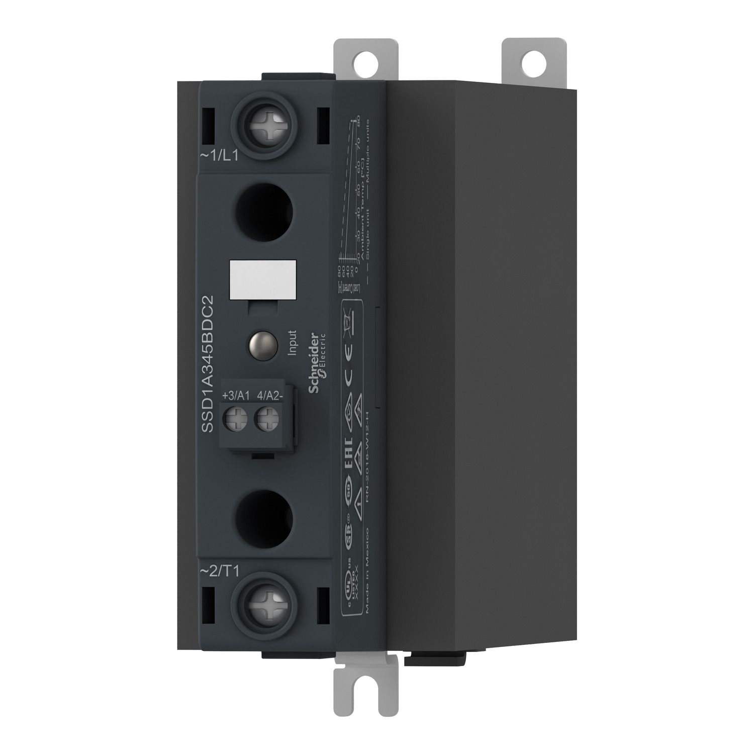 Picture of DIN rail mount, Harmony Solid State Relays, 60A, zero Voltage switching, contactor configuration screw input, input 4 to 32V DC, output 48 to 600V AC