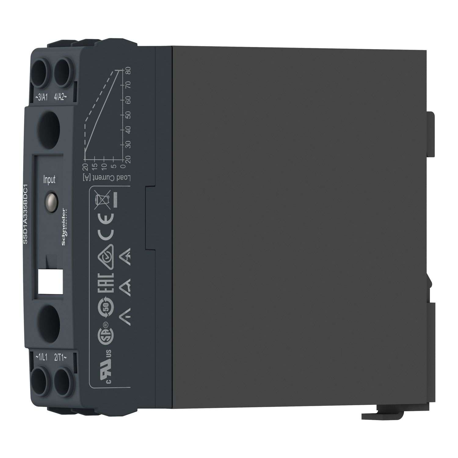 Picture of DIN rail mount relay,  Harmony Solid State Relays, 20A, DC switching, input 4 to 32V DC, output 1 to 150V DC