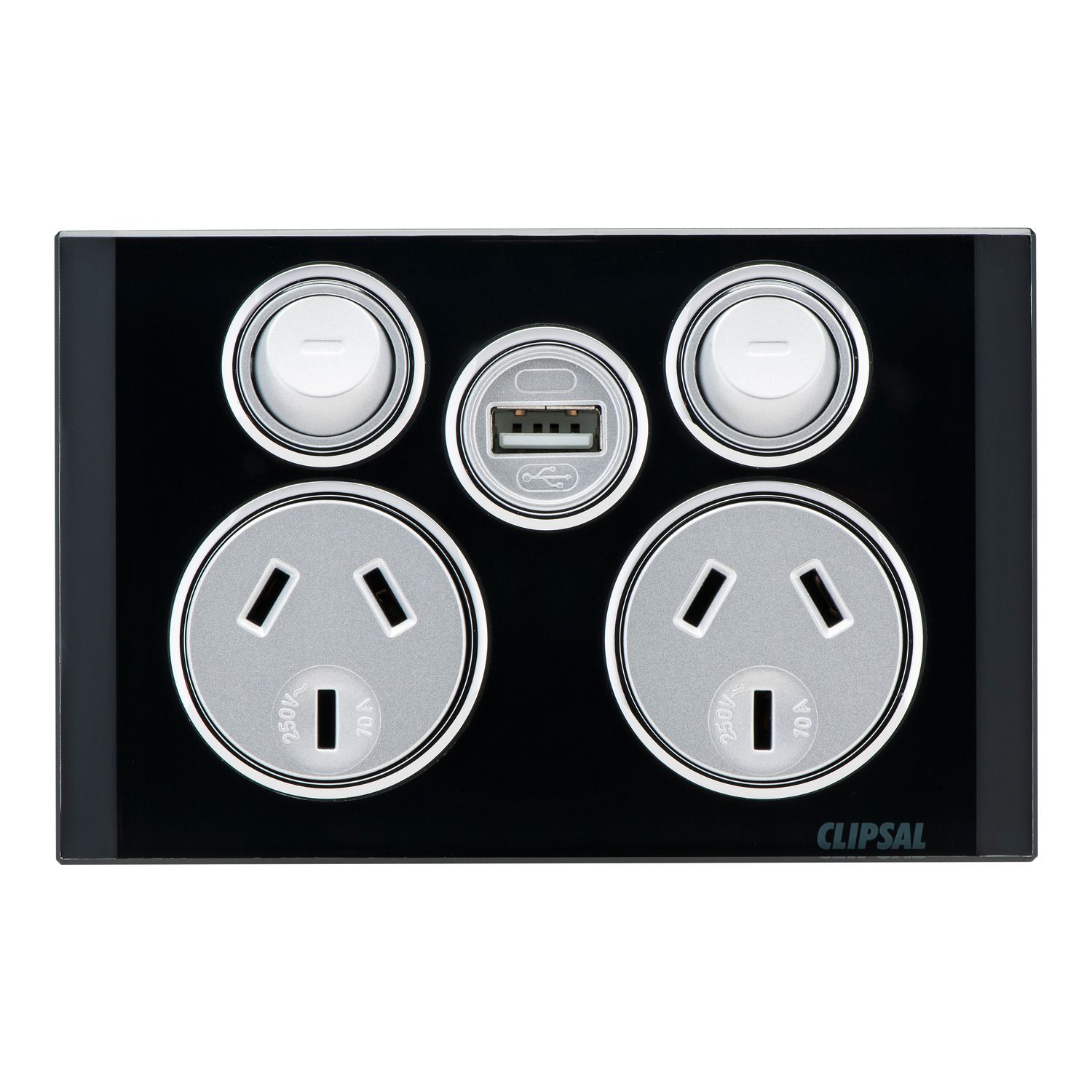 Picture of Socket Outlet, Saturn Series, Twin switched, Assembled, Single USB Charger, Horizontal, 240 V, 10 A