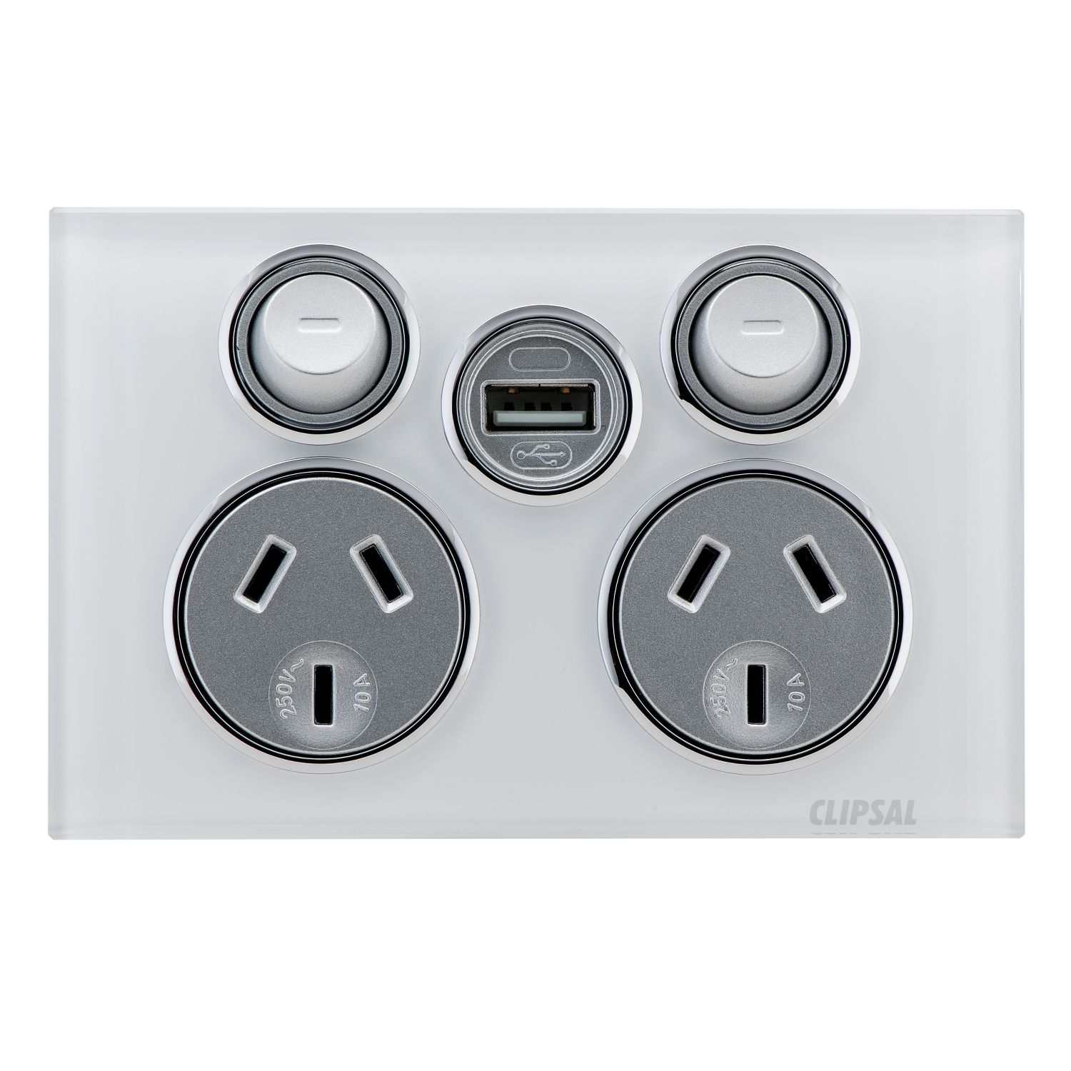 Picture of Socket Outlet, Saturn Series, Twin switched, Assembled, Single USB charger, Horizontal, 240 V, 10 A