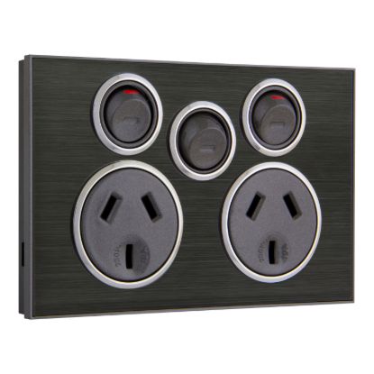 Picture of Twin Switched Socket Outlet, Saturn Series, 250V, 10A with Extra Switch